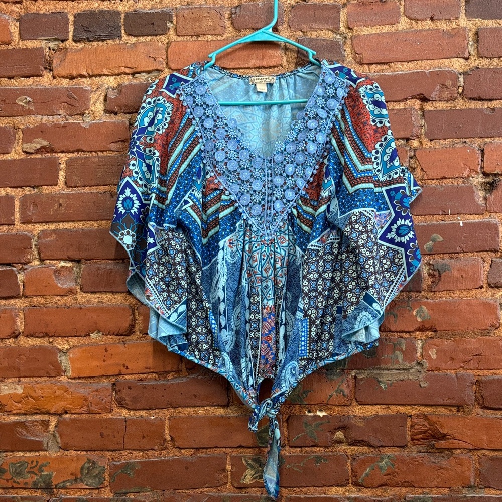 Y2K Flutter Sleeve Boho Blue and Red Patterned Blouse Size Medium